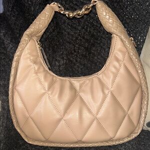 NWOT Quilted Tan Faux Leather Handbag With Gold Accent Hardware